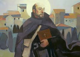 Modern painting of Saint of Loyola with city in background, Bible in hand, halo on head. He wears a gray cloak.